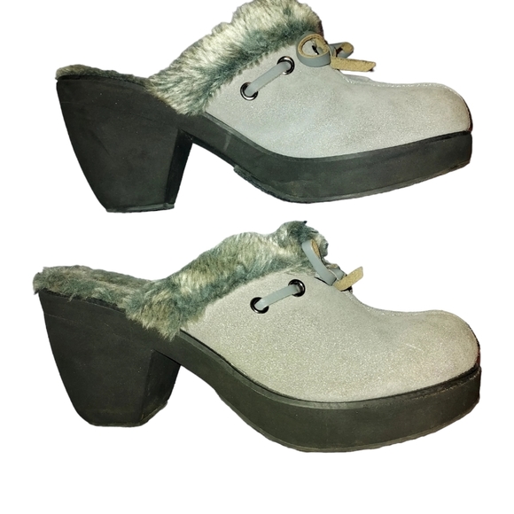 SKECHERS Women's Gray Fur-lined Suede Block Clogs Mules Size 8 - Picture 2 of 7